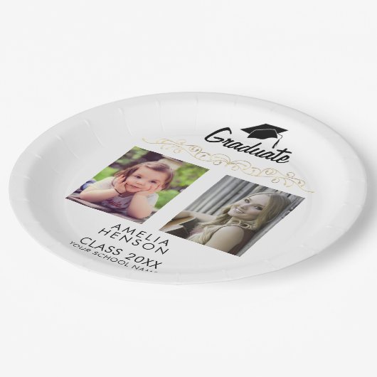 モダンエレガント金ゴールドオーナメント2写真卒業 ペーパープレート (アングル)