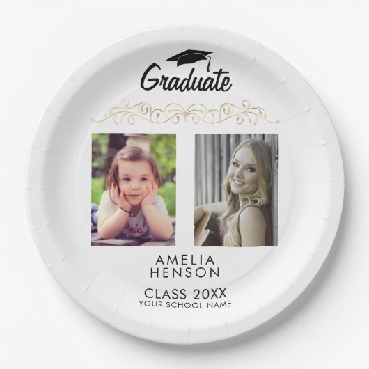 モダンエレガント金ゴールドオーナメント2写真卒業 ペーパープレート (正面)