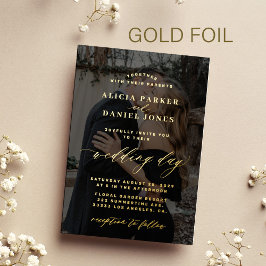 モダンエレガント金ゴールドオーバーレイ結婚写真ブラック 箔招待状