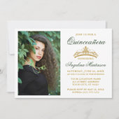 モダンエレガント金ゴールドクラウン写真グリーンキンセアニェラ 招待状 (正面)