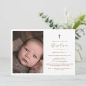 モダンエレガント金ゴールドクロスベビー写真バプテスマ 招待状 (スタンド正面)