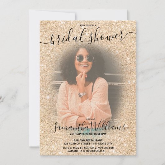 モダンエレガント金ゴールドグリッターブライダルシャワー 招待状 (正面)