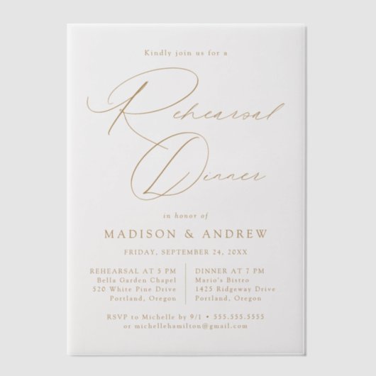モダンエレガント金ゴールドスクリプトのリハーサル ベラム紙招待状 (正面)