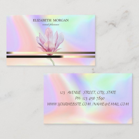 モダンエレガント金ゴールドストライプMagnoliaホログラフィック 名刺 (正面/裏面)