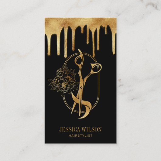 モダンエレガント金ゴールドドリップヘアスタイリスト 名刺 (正面)
