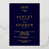 モダンエレガント金ゴールドネイビータイポグラフィ結婚ズ 箔招待状 (正面)