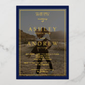 モダンエレガント金ゴールドネイビー青結婚写真 箔招待状 (正面)