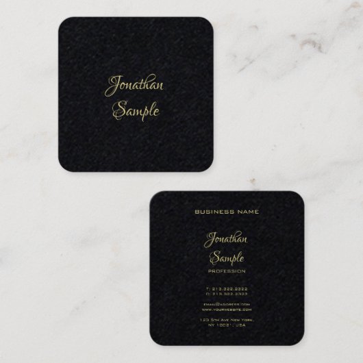 モダンエレガント金ゴールドハンドスクリプト文字プレミアムブラック スクエア名刺 (正面/裏面)
