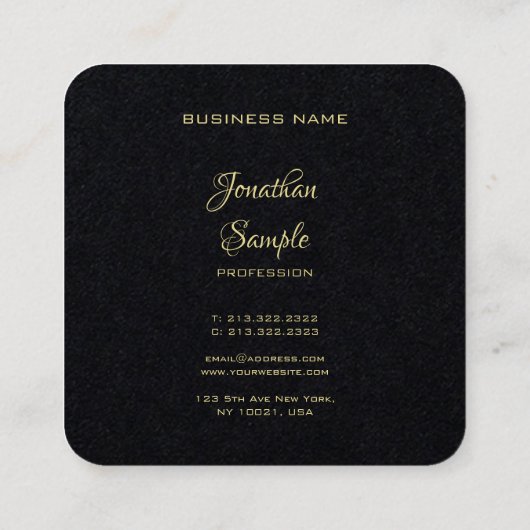モダンエレガント金ゴールドハンドスクリプト文字プレミアムブラック スクエア名刺 (裏面)