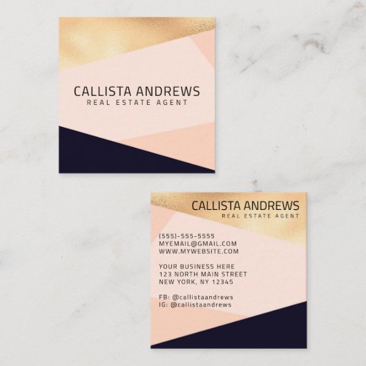 モダンエレガント金ゴールドピンク海軍の幾何学模様 スクエア名刺 (正面/裏面)