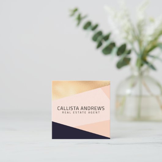 モダンエレガント金ゴールドピンク海軍の幾何学模様 スクエア名刺 (スタンド正面)