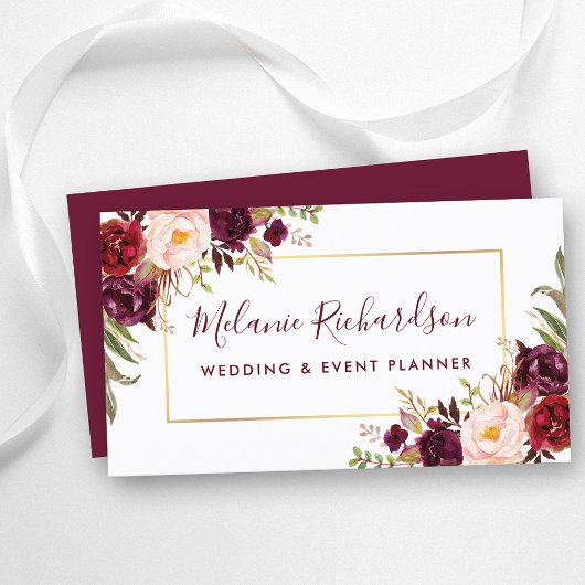 モダンエレガント金ゴールドフレームのバーガンディフローラ 名刺