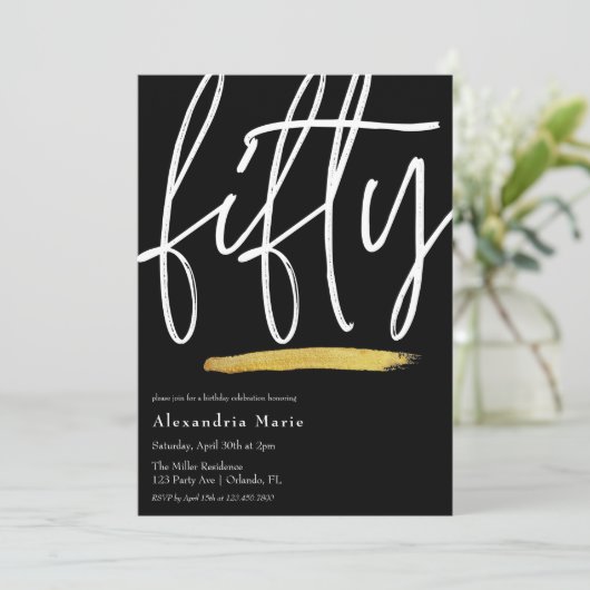 モダンエレガント金ゴールドブラシストローク50誕生日 招待状 (スタンド正面)