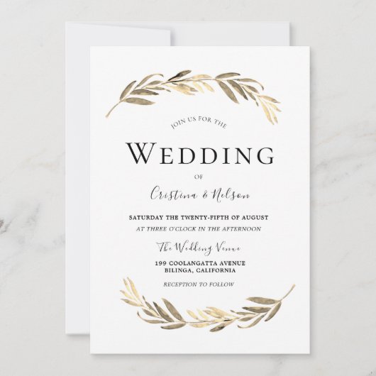 モダンエレガント金ゴールドリーフ全シーズ結婚ンス 招待状 (正面)