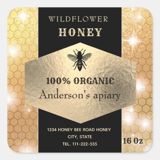 モダンエレガント金ゴールドロゴbee honey jar スクエアシール (正面)