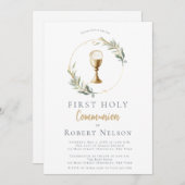 モダンエレガント金ゴールド円第1聖餐式 招待状 (正面/裏面)