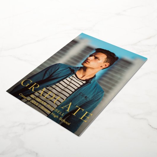 モダンエレガント金ゴールド写真の卒業発表 箔招待状 (回転した状態)