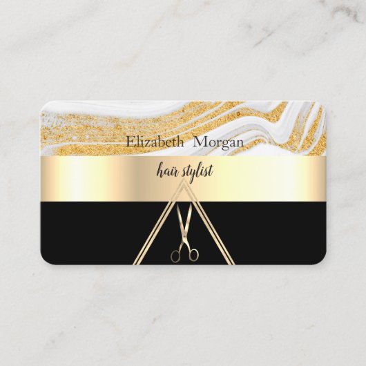 モダンエレガント金ゴールド大理石ブラックハサミ 名刺 (正面)