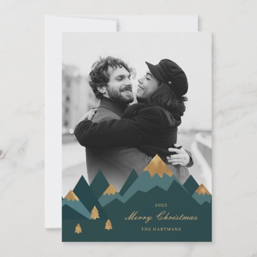 モダンエレガント金ゴールド山写真クリスマス シーズンカード (正面)