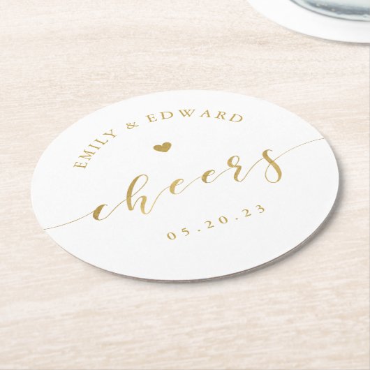 モダンエレガント金ゴールド結婚スクリプト ラウンドペーパーコースター (アングル)