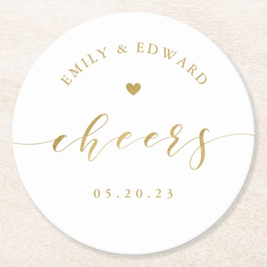 モダンエレガント金ゴールド結婚スクリプト ラウンドペーパーコースター (正面)
