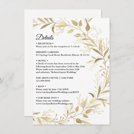 モダンエレガント金ゴールド結婚リーフ詳細の起動 招待状 (正面/裏面)