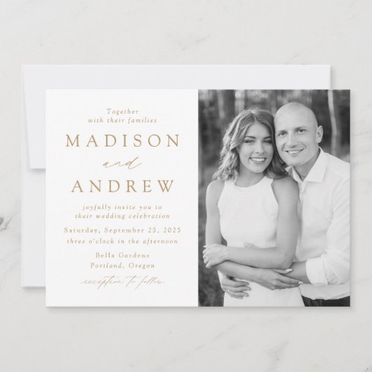 モダンエレガント金ゴールド結婚写真 招待状 (正面)