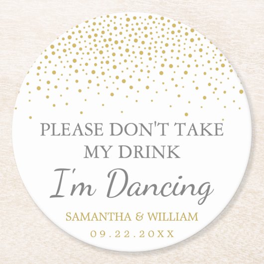 モダンエレガント金ゴールド結婚紙吹雪 ラウンドペーパーコースター (正面)