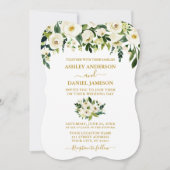モダンエレガント金ゴールド緑の白いフローラ結婚の 招待状 (正面)