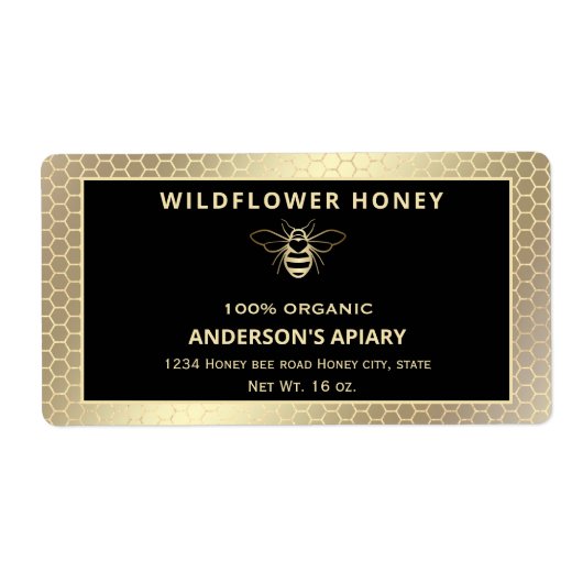 モダンエレガント金ゴールド蜂蜜瓶 ラベル (正面)