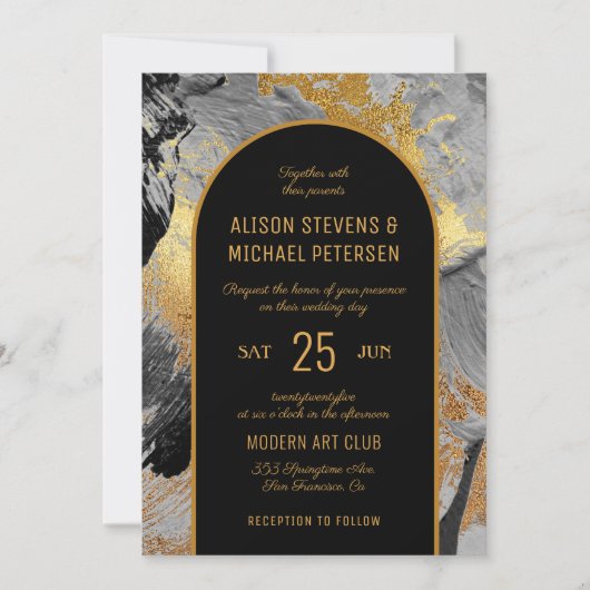 モダンエレガント金ゴールド黒抽象芸術結婚PHOTO 招待状 (正面)