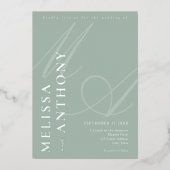 モダンエレガント銀とセージ結婚のミニマル 箔招待状 (正面)
