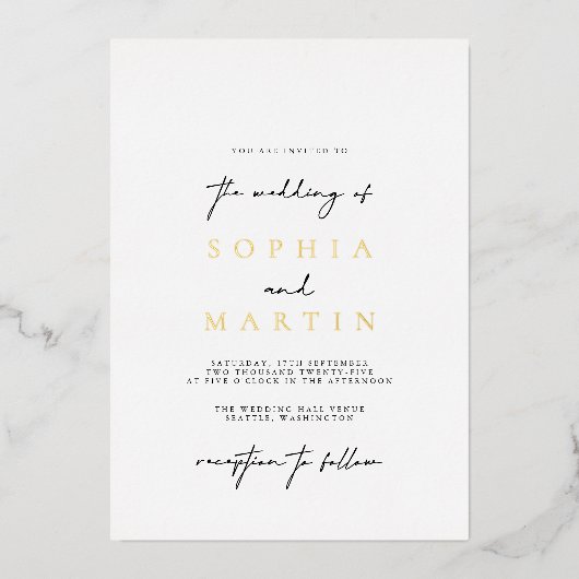 モダンエレガント黒と白の写真結婚の実在2 箔招待状 (正面)