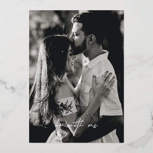 モダンエレガント黒と白の写真結婚の実在2 箔招待状 (裏面)