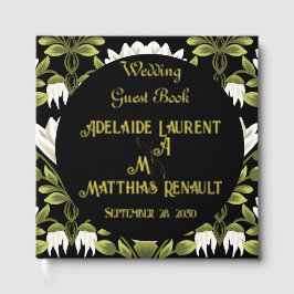 モダンエレガント黒と白の金ゴールドストライプの結婚の ゲストブック