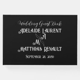 モダンエレガント黒と白の金ゴールドストライプの結婚の ゲストブック