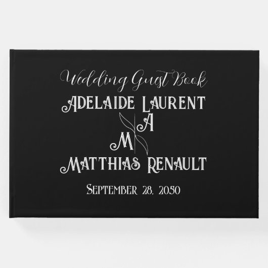 モダンエレガント黒と白の金ゴールドストライプの結婚の ゲストブック (正面)