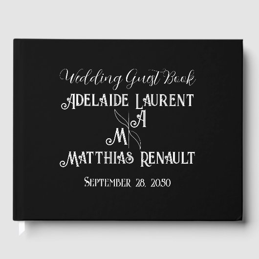 モダンエレガント黒と白の金ゴールドストライプの結婚の ゲストブック (正面)