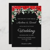 モダンエレガント黒と赤のフローラ結婚 招待状 (正面/裏面)
