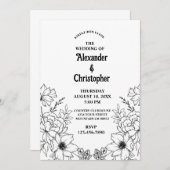 モダンエレガント黒フローラ結婚ズ 招待状 (正面/裏面)