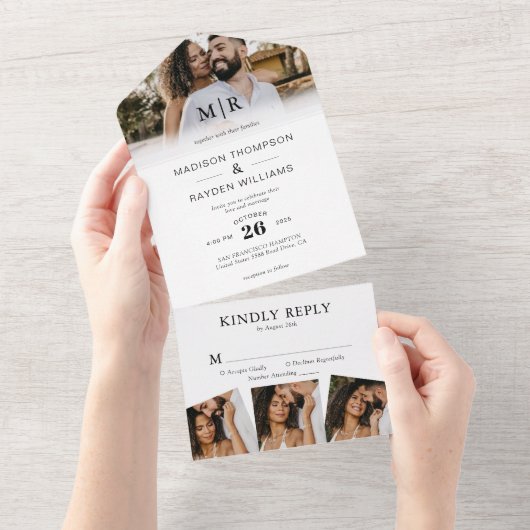 モダンエレガント4写真クラシック結婚の オールインワン招待状 (貼ってはがせる)