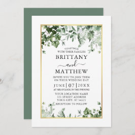 モダンエレガント アイビー ワイルドシダ サージブルーのグリーン ゴールドの結婚式 招待状