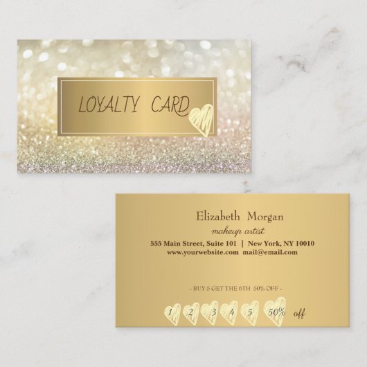 モダンエレガント グリッター ボケフレーム, ゴールドハート ロイヤリティカード (正面/裏面)