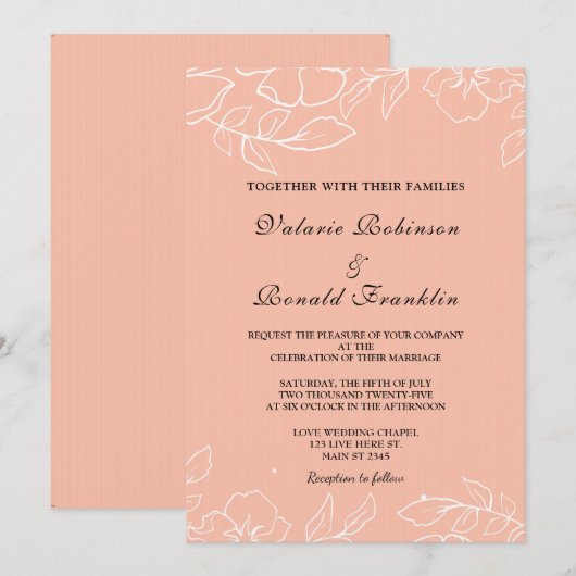 モダンエレガント コーラル ホワイト フラワー ウェディング 招待状 (正面/裏面)