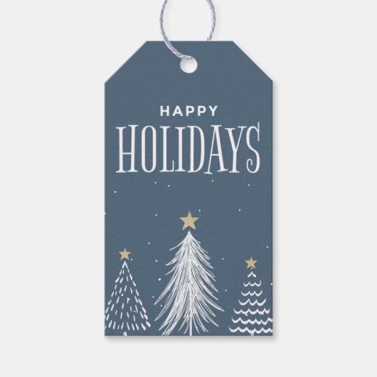 モダンエレガント ダスティーブルー ハッピーホリデー ギフトタグ (正面)