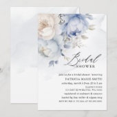 モダンエレガント ダスティーブルー フラワー ブライダルシャワー 招待状 (正面/裏面)