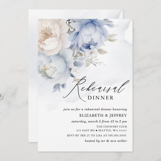 モダンエレガント ダスティーブルー フラワー リハーサルディナー 招待状 (正面/裏面)
