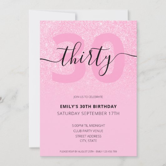 モダンエレガント ピンクグリッター 30歳の誕生日 招待状 (正面)