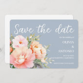 モダンエレガント フラワーミストピアリー ダスティーブルー セーブザデート (正面/裏面)