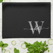 モダンエレガント ブラック グレー モノグラム 名前 スクリプト キッチンタオル (折り畳み)